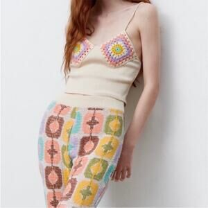 Zara Cream Crochet Granny Square Tank Top Ribbed Cropped